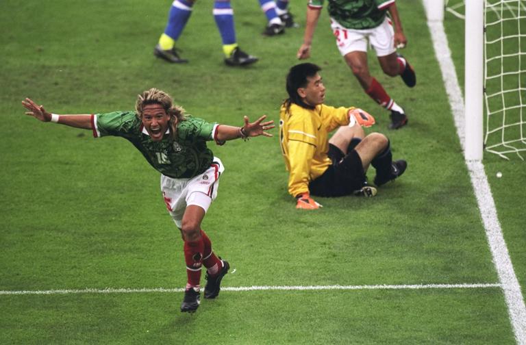 13 Jun 1998:  Luis Hernandez of Mexico celebrates after scoring in the World Cup group E game against South Korea at the Stade Gerland in Lyon, France. Hernandez scored twice as Mexico won 3-1. \ Mandatory Credit: Doug Pensinger /Allsport