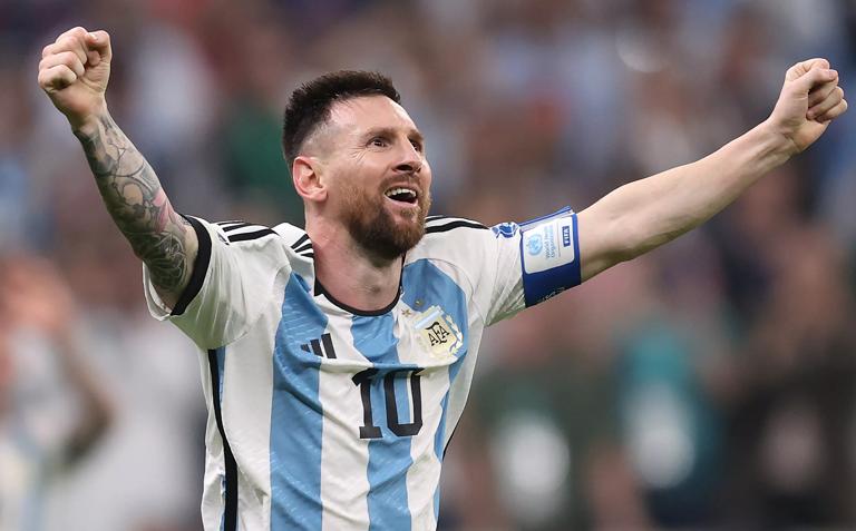LUSAIL CITY, QATAR - DECEMBER 18: Lionel Messi of Argentina celebrates scoring their team's third goal past Hugo Lloris of France during the FIFA World Cup Qatar 2022 Final match between Argentina and France at Lusail Stadium on December 18, 2022 in Lusail City, Qatar. (Photo by Julian Finney/Getty Images)