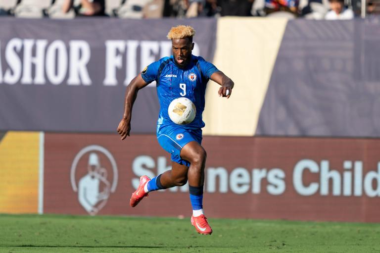SAN DIEGO, CALIFORNIA - JUNE 15: Duckens Nazon #9 of Haiti controls the ball during their Gold Cup match against Saudi Arabia at Snapdragon Stadium on June 15, 2025 in San Diego, California. (Photo by Ben Nichols/ISI Photos via Getty Images)