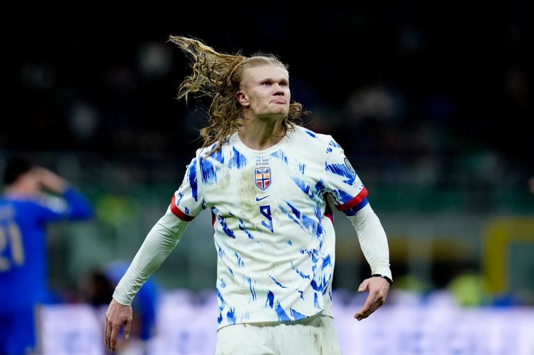 Milan, Italy - November 16: Erling Haaland of Norway celebrates after scoring his team's second goal during the FIFA World Cup 2026 qualifier match between Italy and Norway at San Siro Stadium on November 16, 2025 in Milan, Italy. (Photo by Matteo Ciambelli/DeFodi Images/DeFodi via Getty Images)