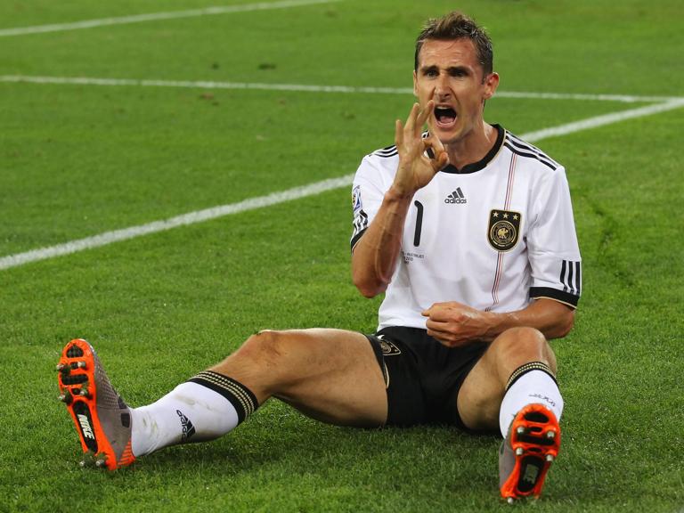 DURBAN, SOUTH AFRICA - JUNE 13:  Miroslav Klose of Germany celebrates as he scores his side's second goal during the 2010 FIFA World Cup South Africa Group D match between Germany and Australia at Durban Stadium on June 13, 2010 in Durban, South Africa.  (Photo by Robert Cianflone/Getty Images)